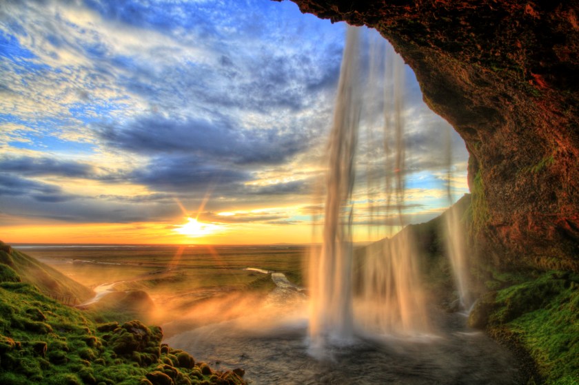 Seljalandfoss waterfall at sunset in HDR, Iceland